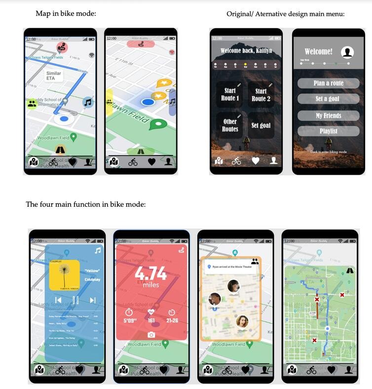 Biker Buddy UX board: bike-mode map and the four core in-ride functions