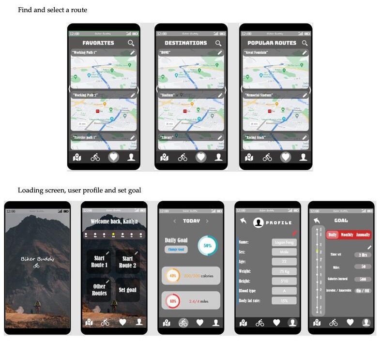 Biker Buddy UX board: route selection and goal-setting screens
