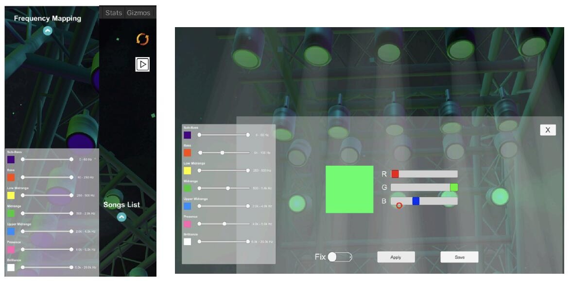 Custom control app: mobile frequency-mapping panel alongside the desktop per-fixture RGB console