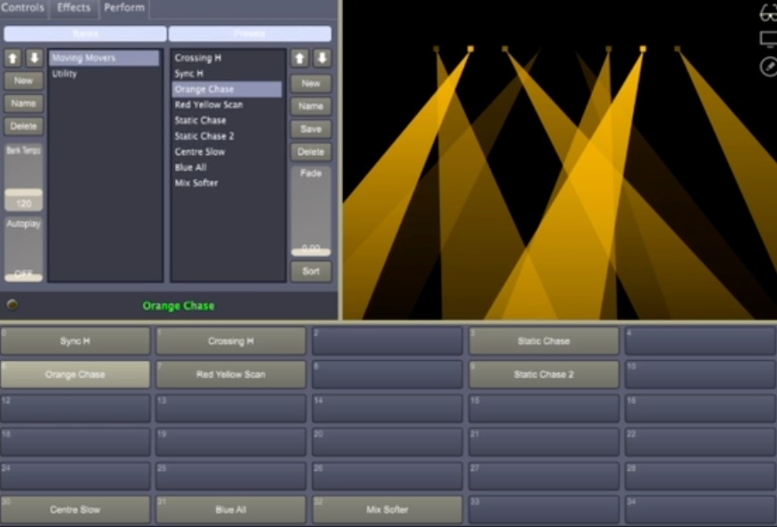 Professional DMX512 lighting control software showing chase presets and a live beam preview