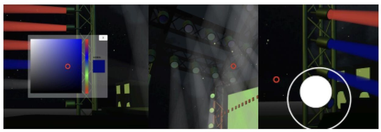 HSV color picker widget overlaid on live views of the lighting rig, plus a fixture-selection shot