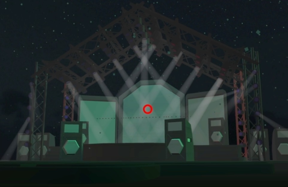 Early 3D pre-visualization of the stage lighting rig with amber chase lighting