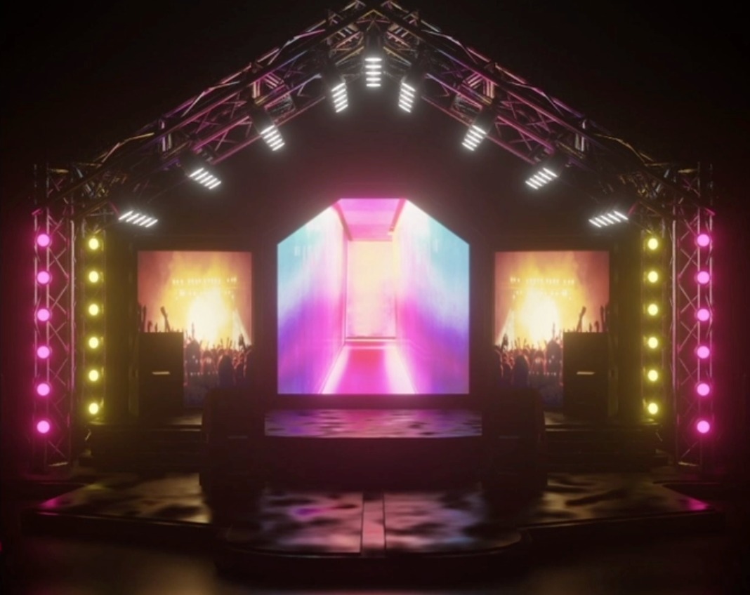 Polished final concept render of the full stage lighting design with LED screens and truss